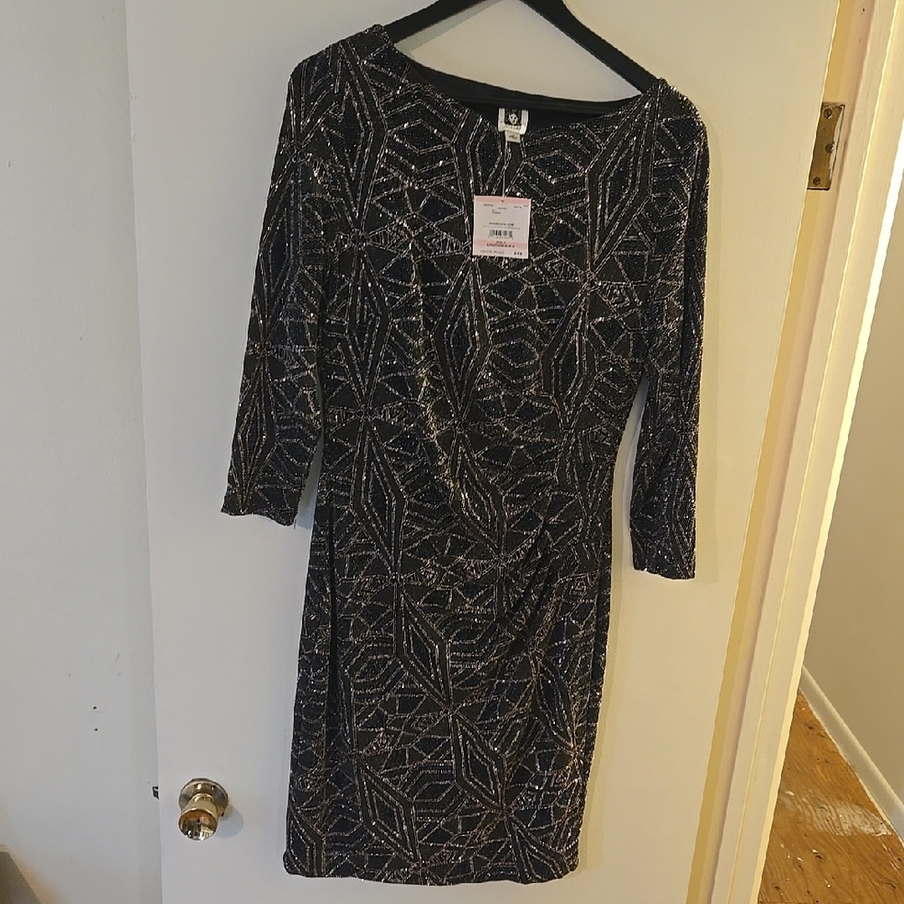 Anne Klein Black and Gold Geometric Long Sleeve Dress